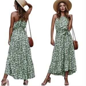 High neck racerback tiered sage green polka dot maxi dress NWT sizes M, L